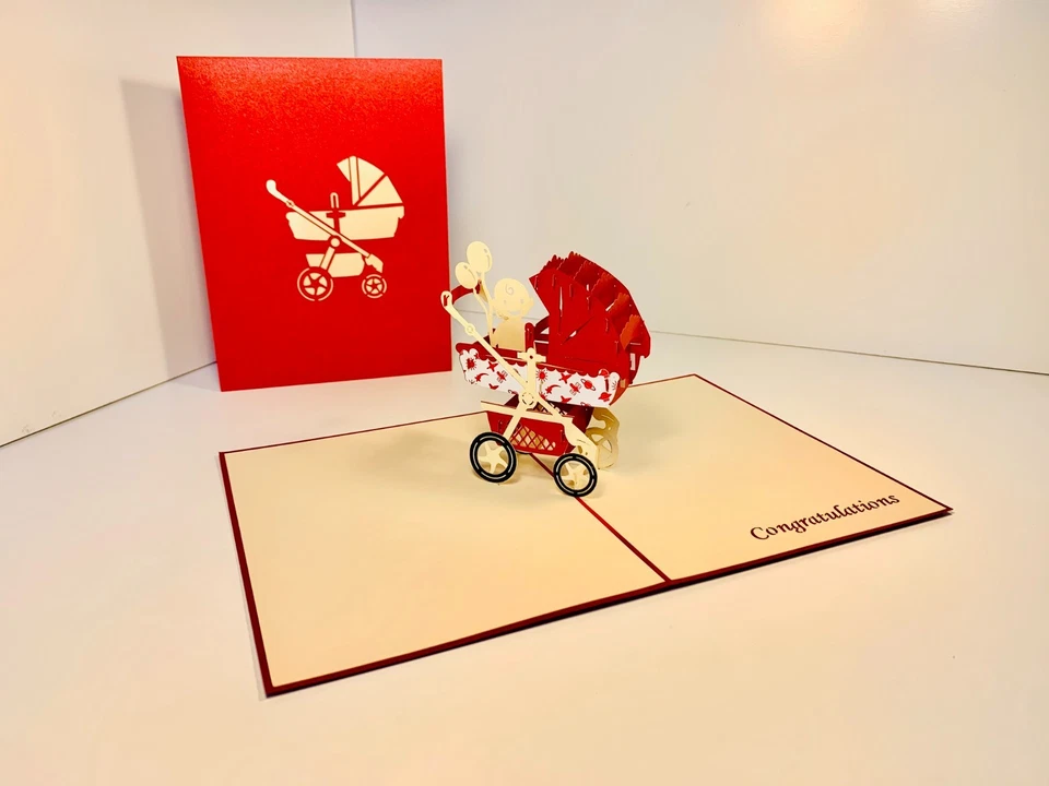 Tarjetas Pop Origami Cochecito Metálico Cochecito de Bebé en Rojo Recién Nacido Bebé 3D Tarjeta Pop Up Foto 3 de 4