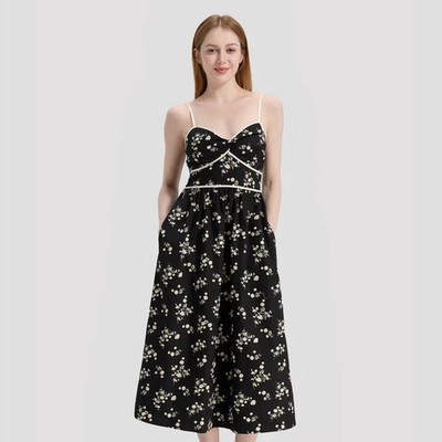 Women Twist-Front Midi A-Line Dress - A New Day Black Floral M