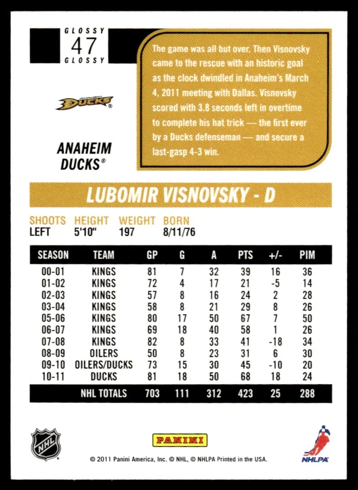 2011-12 Score Glossy Lubomir Visnovsky Anaheim Ducks #47 - Image 2 of 2