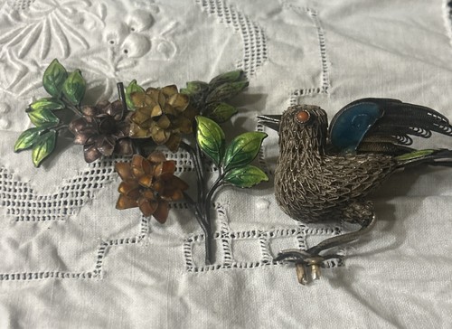 Antique Chinese  Sterling Silver Filigree Enamel Bird  And Flower  Parts