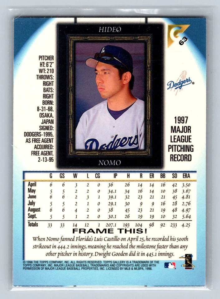 1998 Topps Gallery #63 Hideo Nomo - Image 2 of 2