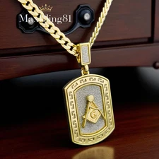 Freemason Masonic Pendant & 14K Stamped Brass 6mm 20" 24" Cuban Chain Necklace