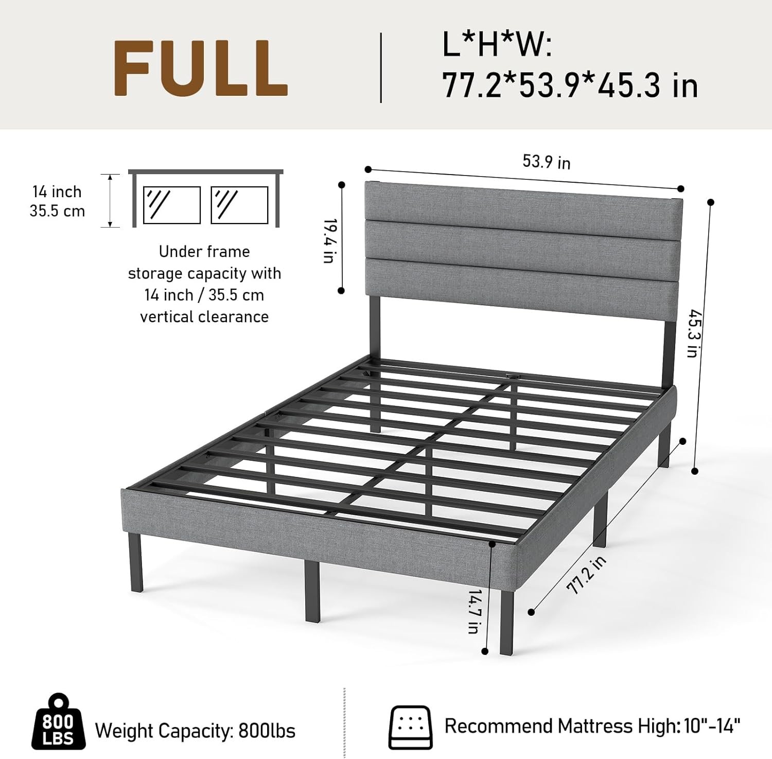 Full Size Metal Bed frame Platform Bed with Soft Upholstered Headboard