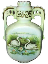 ANTIQUE VINTAGE AUSTRIA VASE WITH SWANS IN LILY POND, DOUBLE HANDLE HAND PAINTED
