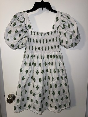 Moon River Anthropologie Puff Sleeve Smocked Dress Women's Small White Green  | eBay