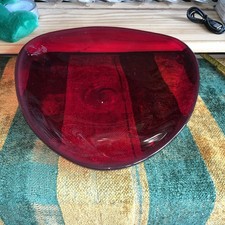 Vintage Triangular Whitefriars Ruby Cranberry Red Glass Crystal Bowl Dish 32cm