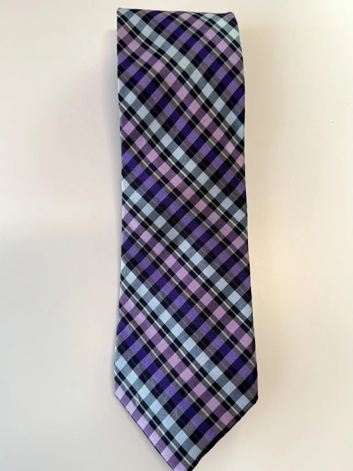 Chaps Men's Tie Purple Blue Black Plaid Check Necktie 100% Silk Classic Business - Image 2 of 4