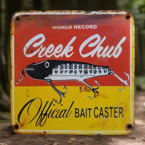 Vintage Creek Chub Bait Co Porcelain Sign Bait Fishing Lures Bass Jinx Gas Oil