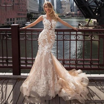 Champagne Mermaid Wedding Dresses Sleeveless Appliqued Lace