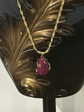 Real Ruby (35 cts approx.) Carved Teardrop Bead Gold Plated 925 Silver Necklace