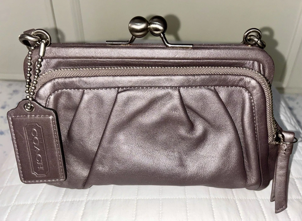 Coach Parker Leather Kiss-lock Satchel Clutch Pewter Gray - Image 3 of 4