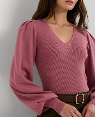 Lauren Ralph Lauren Women Blouson-Sleeve Sweater Rose Blush Red Size L MSRP $125