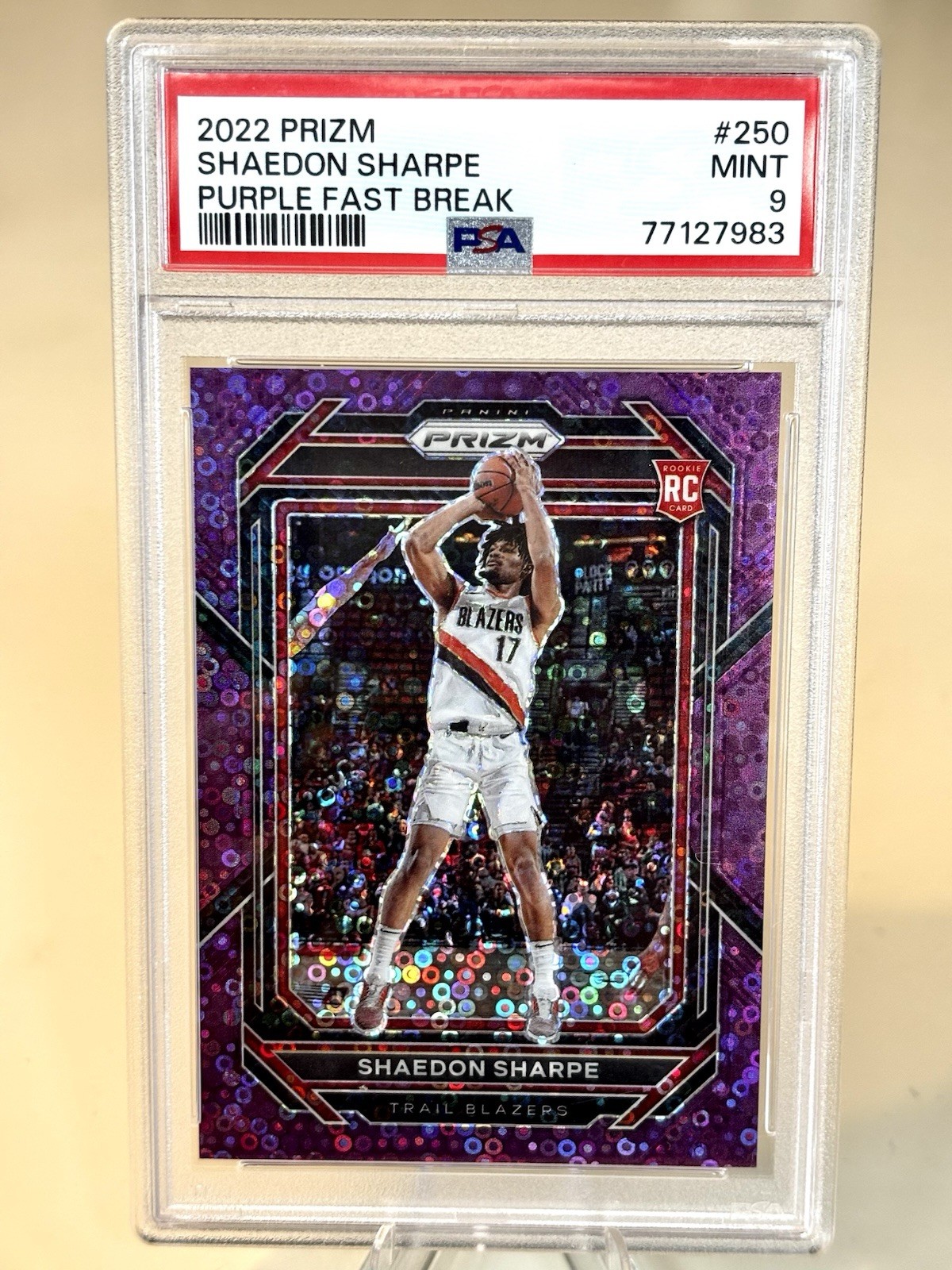 2022-23 Panini Prizm - Shaedon Sharpe #250 Purple Fast Break /75 (RC) PSA 9