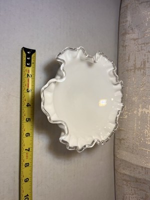 Vintage Fenton Silver Crest Milk Glass Pedestal Compote Bowl Ruffled Rim 7.5''