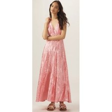 NWT Farm Rio x Anthropologie V Neck Tiered Pink Metallic Leaf Maxi Dress XL