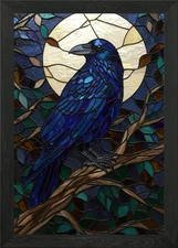 Stained Glass Raven Under the Moon Framed Wall Art Poster Canvas Print Picture