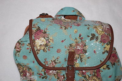 Womens Girls LIGHT TEAL CANVAS BACKPACK Beige & Dusty Pink  display picture 2