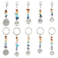 10x Tree of Life Charms Tree Key Chain Pendant Colorful Gemstone Chips Hanging
