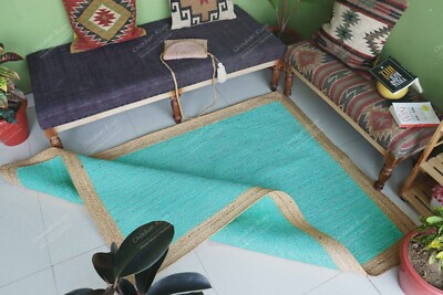 Natural Turquoise & Beige Border Handwoven Area Rug Jute Rug Eco Friendly Rugs
