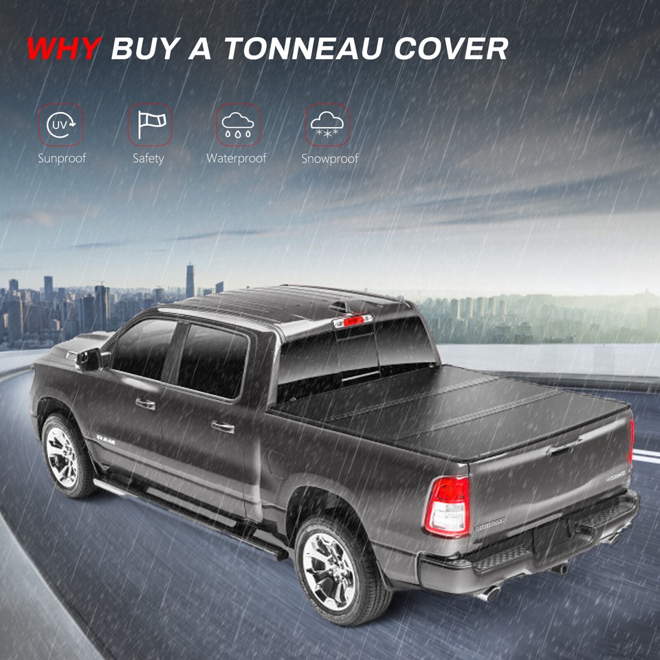 Hard Tri-Fold Tonneau Cover For 2019-2021 Ford Ranger 5ft Bed | Fiberglass, Black, No-Drill Installation