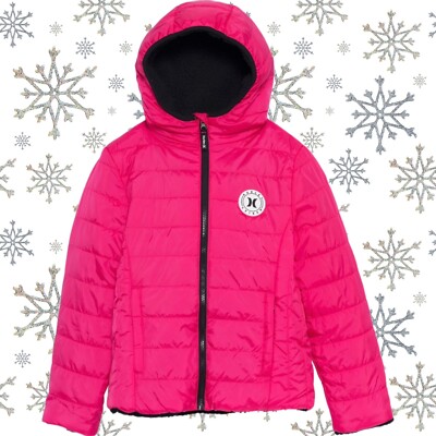 Girls Hurley Surf Apparel Hot Pink Hooded Puffer Jacket Coat L