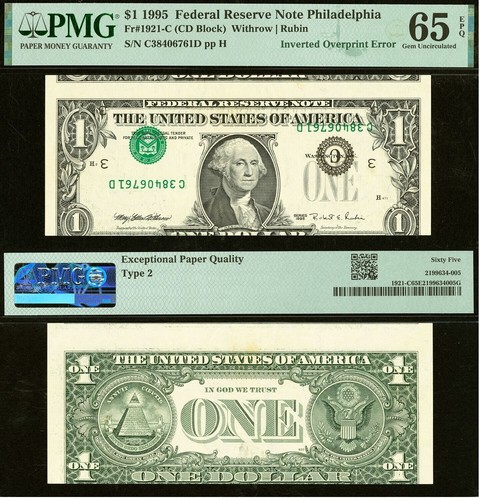 1995 $1 Federal Reserve Note PMG 65EPQ type 2 inverted third printing error