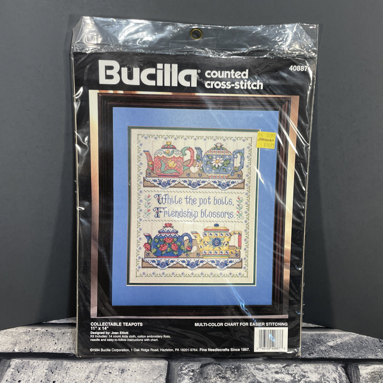 Bucilla Counted Cross Stitch Kit Collectable Teapots Joan Elliott 11” X