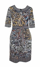 BCBGMaxazria XS Dress Abstract Muted Multicolor Print Mod Tie Waist Keyhole