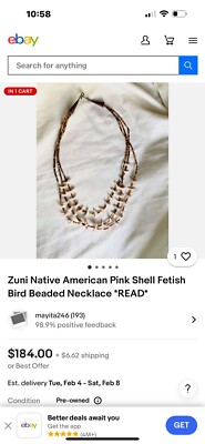 VINTAGE 3 STRAND NATIVE AMERICAN PINK SHELL FETISH BIRD BEADED 25  HOOK NECKLACE