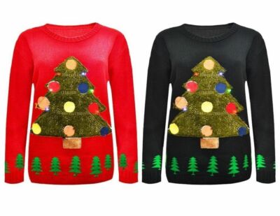 Damen Unisex Herren Weihnachtsbaum beleuchtet Rudolph Neuheit LED Pullover Sweater