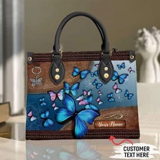 Personalized Beautiful Blue Butterfly Leather Handbag, Butterfly Leather Handbag