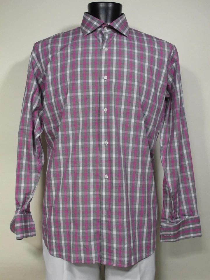 Camisa de vestir Steven Land a cuadros guinga 17,5 x 36 rosa lavanda gris blanco algodón Foto 3 de 3