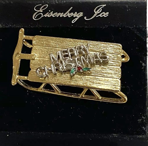Vintage "Frohe Weihnachten" 'EISENBERG ICE Schlitten Schlitten signiert Brosche Anstecknadel goldfarben - Bild 1 von 3