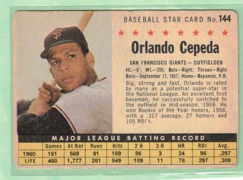 Orlando Cepeda [Perforated] #144 1961 Post Cereal card