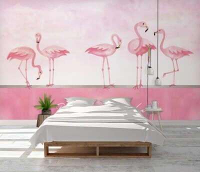 3D Pink Flamingo ZHUA41104 Wallpaper Wall Murals Removable Self-adhesive Ann