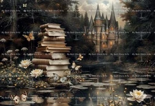 FAIRYTALE BOOKS ART PRINT, Castle Lake Fantasy Poster Cottagecore Butterfly D666