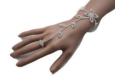 Donna Metallo Argento Moda Mano Catena Foglia Fiore Bracciale Slave Anello Nozze
