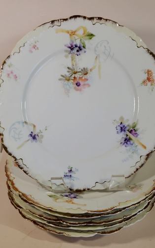 6 Hand Painted Rosenthal 9 inch Plates Monbijou Purple Iris Ribbon Gold c. 1891 - Picture 3 of 18