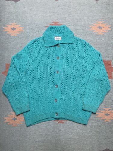 Vintage 1950s 60s knit sweater button teal blue turquoise collar cardigan Medium - Afbeelding 1 van 5