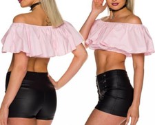 Sexy Miss Carmen Ladies Girly Ruffle Crop Top Trendy 34/36/38 Pink New