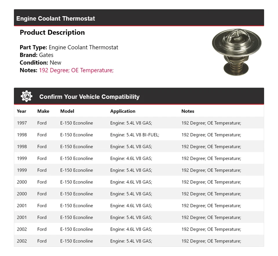 Para Ford E-150 Econoline 1997-2002 Motor Refrigerante Termostato Puertas 1998 1999 Foto 2 de 4