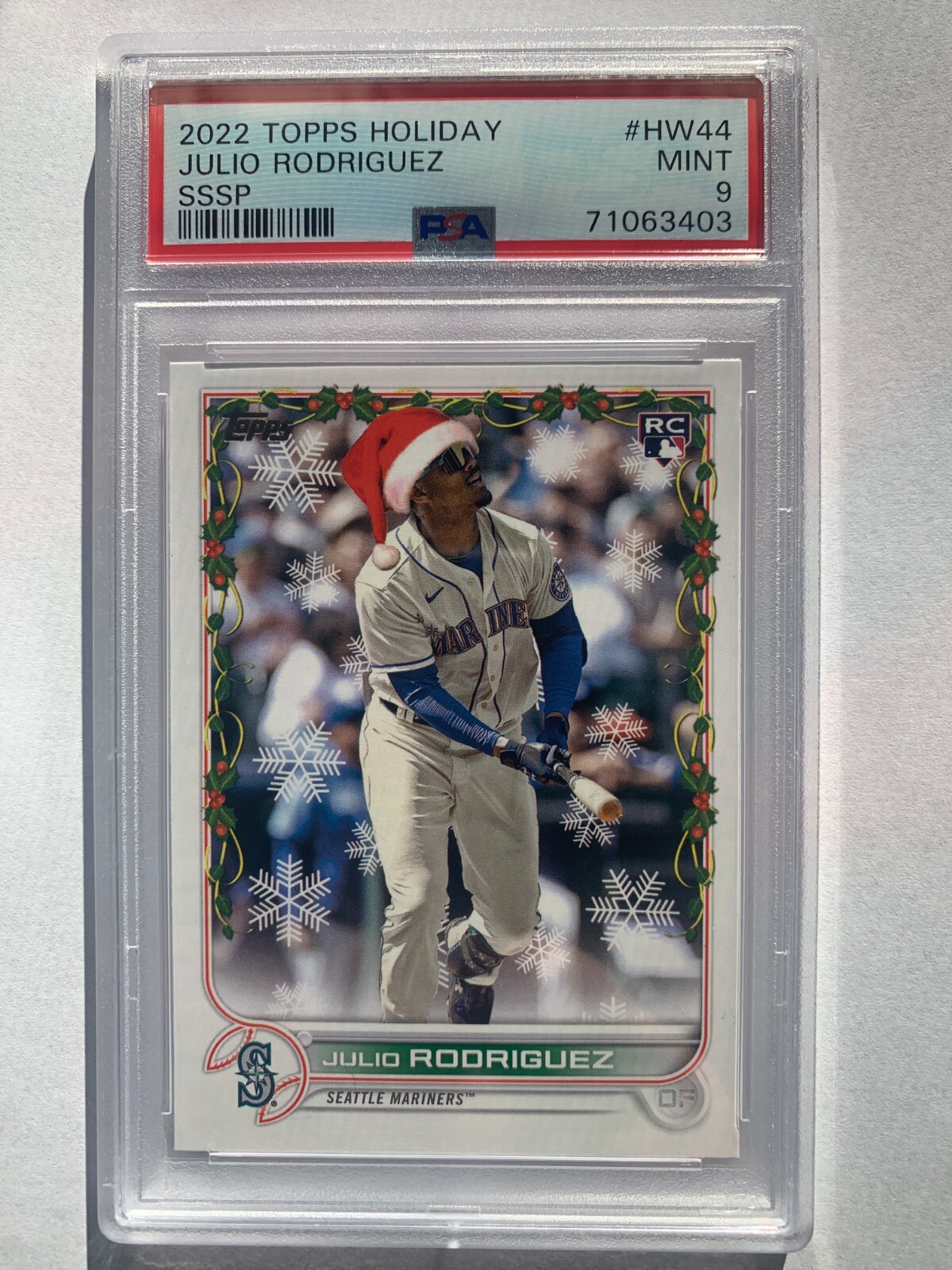 2022 Topps Holiday JULIO RODRIGUEZ RC "Santa Hat" SSSP Mint PSA 9