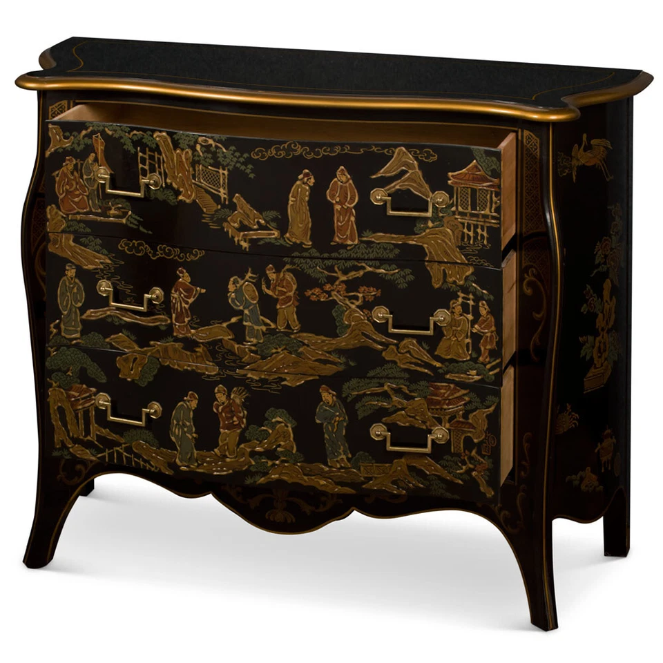 VENDEDOR DE EE. UU. - Gabinete oriental chinoiserie victoriano pintado a mano, tres cajones Foto 3 de 4