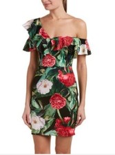 Alexia Admor Black One-Shoulder Floral Ruffle Mini Dress with Red & Green Print