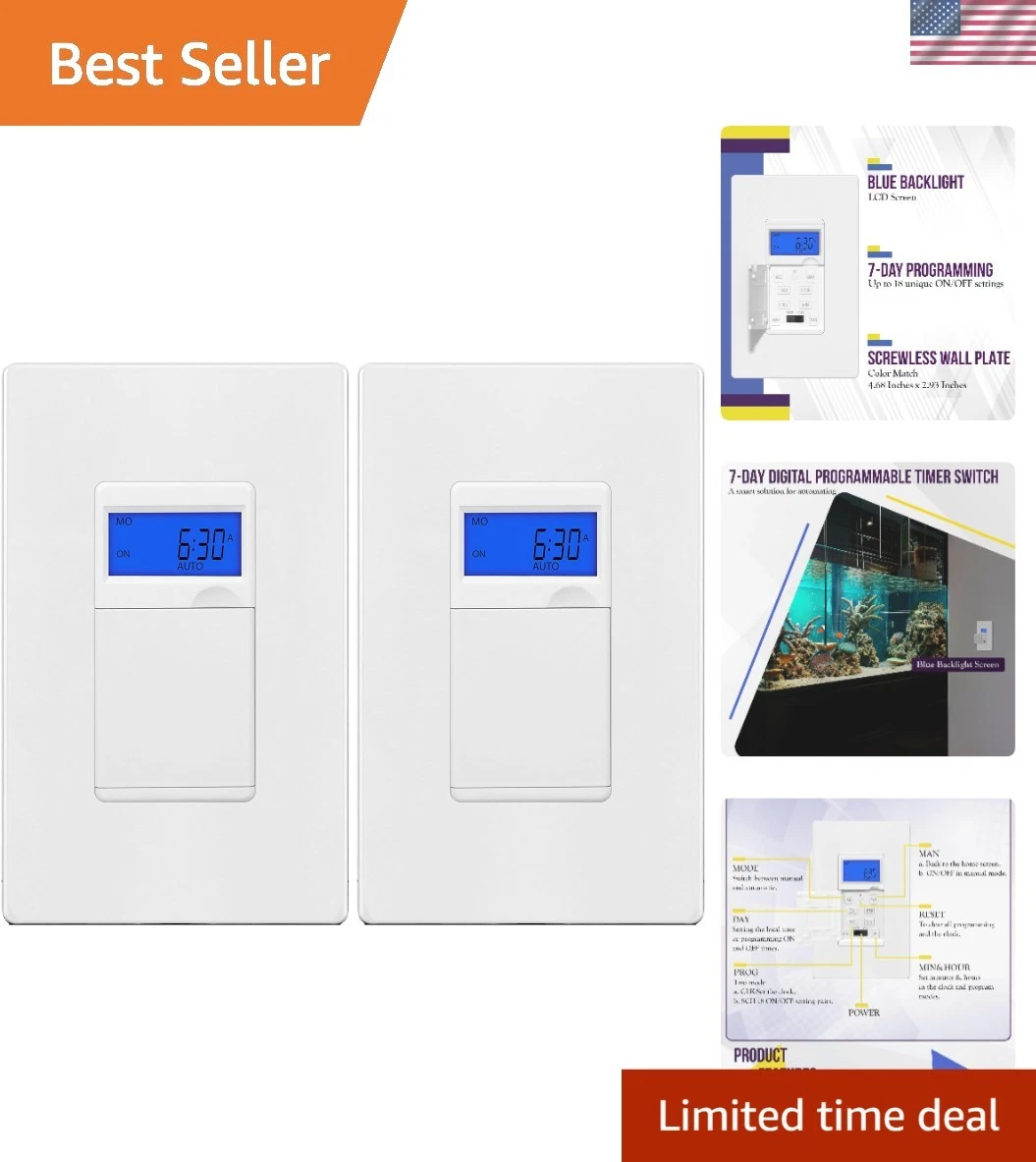 Dual Pack Digital Timer Switch for Lights & Fans - 18 Settings, Listed