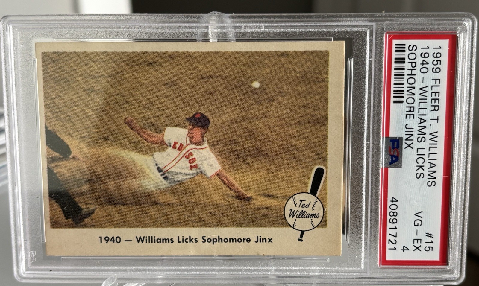 1954 Fleer Ted Williams PSA 4 1940- Williams Licks Sophomore Jinx view 1