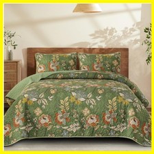 Floral Quilt Set Queen, Green Farmhouse Botanical Bedspread
