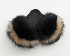 Black Fox Fur Slides, Women Slides, Real Fur Slippers, Fluffy Fur Shoes,