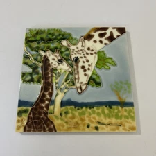 Glazed Giraffe Ceramic Tile With Calf Wall Hang Or Stand 8” X 8” Savannah Grass