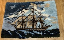 Vtg MCM Latch Hook 38" Rug Wall Art Clipper Ship 70s Tapestry Nautical Handmade